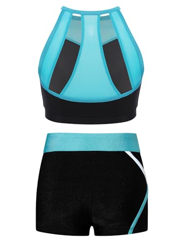 Kids Girls Athletic Sports Outfit Crop Tank Top With Booty Shorts Set For Gymnastic Dance Training Light Blue 14 Years2