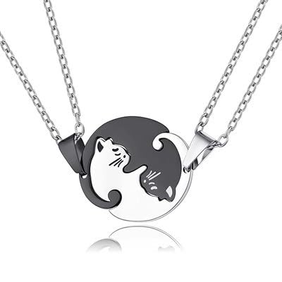 BONJOULRY Yin Yang Couples BFF Cat Necklace for 2 Stainless Steel Chain Friendship Matching Dog Necklaces for Women Trendy Teen Pet Cat Dog Lovers Chirsmas Gifts (Round-Black&Silver-Chain)