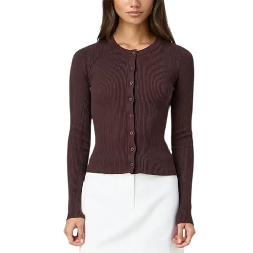 Women Ribbed Button Up Cardigan Y2K Slim Fit Long Sleeve Round Neck Sweater T Shirt Fall