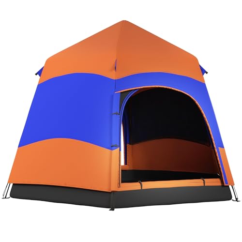 Outsunny Doppellagiges Instant-Pop-Up-Zelt mit Regenschutz, Outdoor Familienzelt für 4 Personen wasserdicht sechseckig 4 Jahreszeiten Kuppelzelt mit Bodenplane 2 Türen Moskitonetz Tragetasche Orange