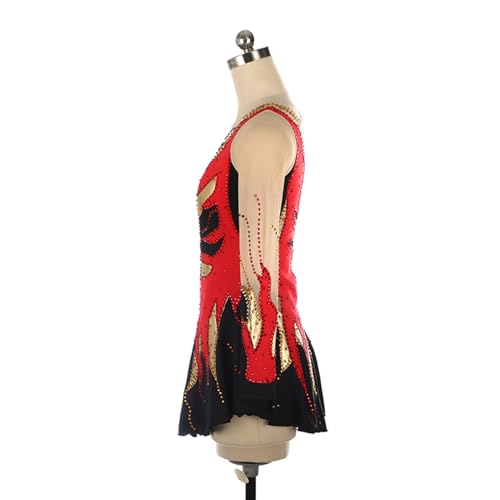 Vestido de patinação artística, elegante, preto, vermelho, dourado, linha brilhante, strass, competi