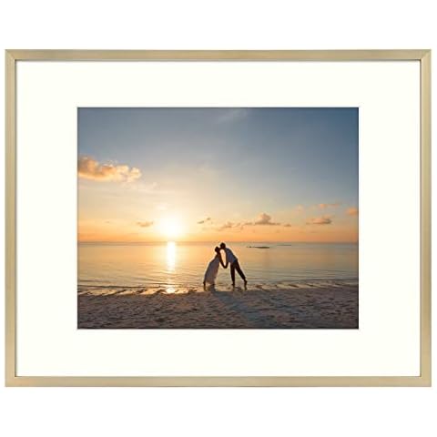 Golden State Art, 11x14 Picture Frame Gold Aluminum (Shiny Brushed) Display Pictures 8x10 with Mat or 11x14 Without Mat Wall Mounting Real Glass Metal Photo Frame Cover