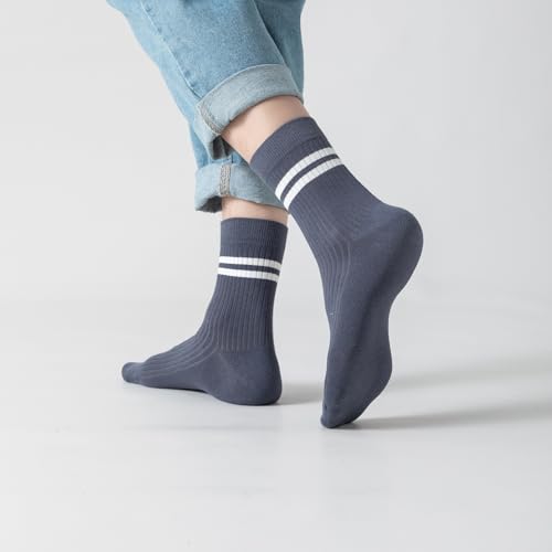 6 Pairs Mens Striped Crew Socks, Casual Cotton Socks Breathable Soft Calf Socks for Boys Mens Size 7-114