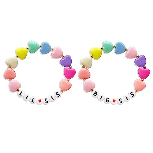 Image of HUASAI 2PCS Big Little Sister Bracelet Gifts for Girl Colorful Acrylic Heart Beaded Bracelets Sister Jewelry