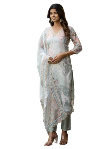 Image of Navlik Women's Organza Embroidered Straight Kurta with Pant and Dupatta Sets (NK2-453)