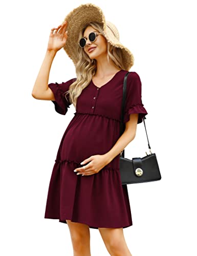 KOJOOIN Damen Umstandskleid V-Ausschnitt Stillkleid Casual A line Schwangerschaftskleid mit Knöpfen Weinrot(Kurzarm) M