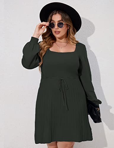Image of Women's Plus Size Casual Sweater Dress Square Neck Long Lantern Sleeve Tie Waist Loose Pullover Sweater Dresses