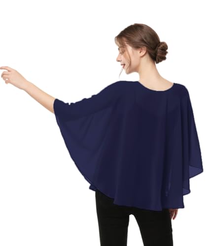 Casual Chiffon Cape Soft Shawl Sheer Shrugs Poncho Capelets shawls and Wraps for Women (Navy)