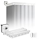 Tringle à rideau de douche pliable en aluminium avec ventouses renforcées pour une installation fiable sans perçage sur les surfaces en carrelage ou en verre (blanc)