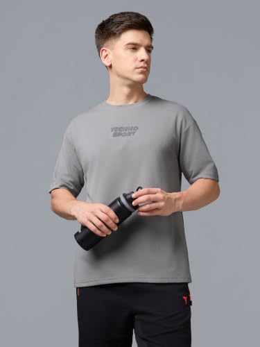 Image of TECHNOSPORT Men Printed Oversized Round Neck T-Shirt with COTFLEX, Dry Fit Sports Tee, Oversized Activewear T-Shirt for Gym, Running, Sports & Casual Wear