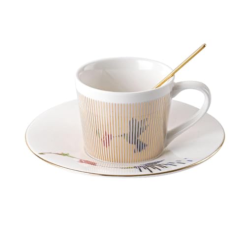 MYBAQ, Kaffeetasse und Untertasse, 240 ml, spiegelnde Reflexions-Kaffeetasse mit Kolibri, goldfarben, physikalische dynamische Reflexion, Keramik-Kaffeetasse, Teetasse und Untertasse, Untertasse für