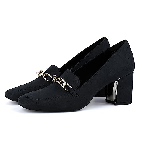 JENN ARDOR Women's Heeled Loafers - Block Heels, Closed Toe, Slip On, 2.5 Inch Mid Heel, Dress & Casual Shoes with Chain4