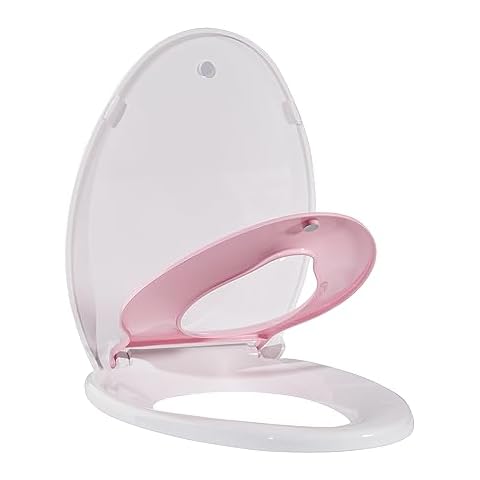 Elongated Toilet Seat with Built in Potty Training Seat, Potty Training Toilet Seat for Toddlers, Magnetic Kids Seat and Cover, Slow Close and Never Loosen, Fits both Adult and Child, Pink Elongated Cover