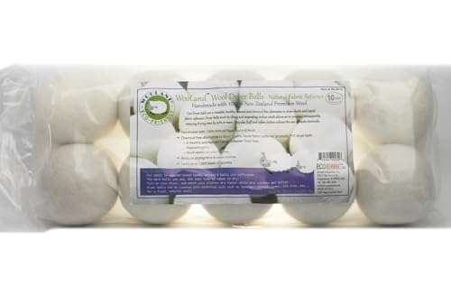 EcoJeannie Wooland Wholesale Bulk Laundry XL Premium Wool Dryer Balls - 100% New Zealand Organic Wool Natural Fabric Softener for Sensitive Skin, Babies (10 Count)