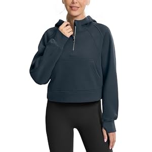SANTINY Women’s Fleece Cropped Hoodies Half Zip Lined Pullover Sweatshirt Athletic Workout Hoodie with Pockets Thumb Hole