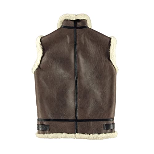 B-3 Shearling Brown Bomber Sleeveless With White Fuzzy Faux Collar Fur Vest Shearling Sheepskin Leather For Men, Brown, Large #TOP3