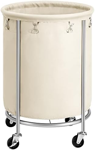 SONGMICS Laundry Basket with Wheels, Rolling Laundry Hamper, Round Laundry Cart with Steel Frame and Removable Bag, 4 Casters and 2 Brakes, Cream and Silver URLS01MZ