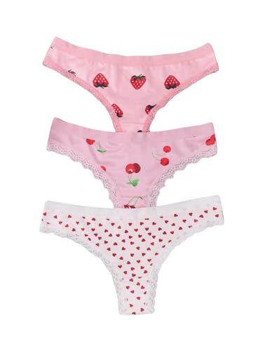 WDIRARA Women's 3 Pack Cute Graphic Panties Set Lace Trim Low Rise Comfy Thong Underwear Pink Large