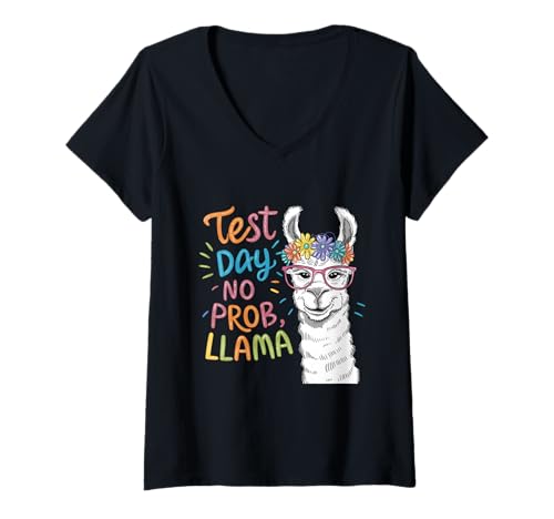 Women's Test Day No Problem Llama Teacher Testing Day Girls Boys V-Neck T-Shirt