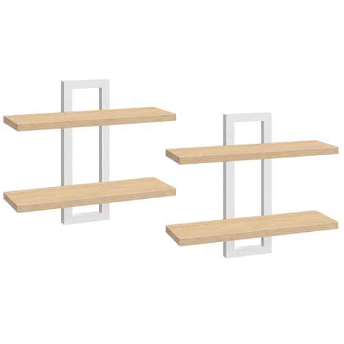 Image of HOOBRO 2-Tier Floating Shelves, 15 Inch Wall Shelf Set of 2 | Wall Mounted Storage Shelves, Hanging Bathroom Shelves, for Living Room, Bedroom, Bathroom, Kitchen, Natural and White