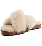Genuine Australian Sheepskin Cross Band Slippers, Shearling Fur Fluffy Fuzzy Womens Indoor Outdoo...