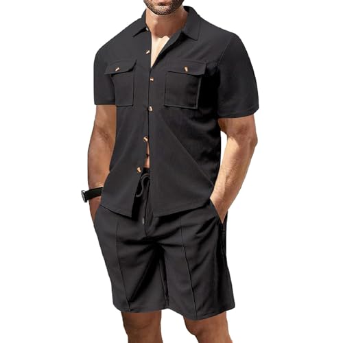 Survêtement gaufre homme ensemble été de deux pièces avec chemise manches courtes