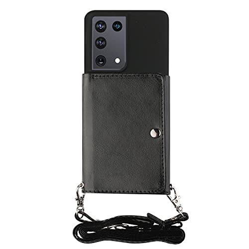 Shinyzone Lanyard Phone Case for Samsung Galaxy S21 Ultra,Crossbody Wallet Case with Strap for Women,PU Leather Flip Cover with Credit Card Holder Silicone Gel Soft Back Case,Black