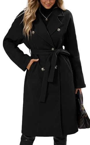 Maeau Langer Mantel aus Tweed, für Damen, zweireihig, Herbst, Winter, lange Jacke, warm, elegant, lässig, langer Trenchcoat mit Gürtel, Größe S bis XL, Schwarz , 42