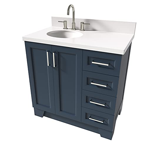 Ariel 37" Midnight Blue Bathroom Vanity With 1.5" Edge Pure White Quartz Countertop & Backsplash, Left Oval Sink, 2 Soft Closing Doors, 5 Full Extension Dovetail Drawers, Toe Kick, Satin Nickel #TOP4