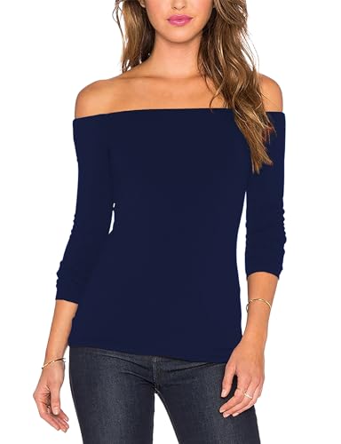 Image of Sarin Mathews Women's Sexy Off The Shoulder Tops Long Sleeve Slim Fit Stretchy Shirts Blouses Top