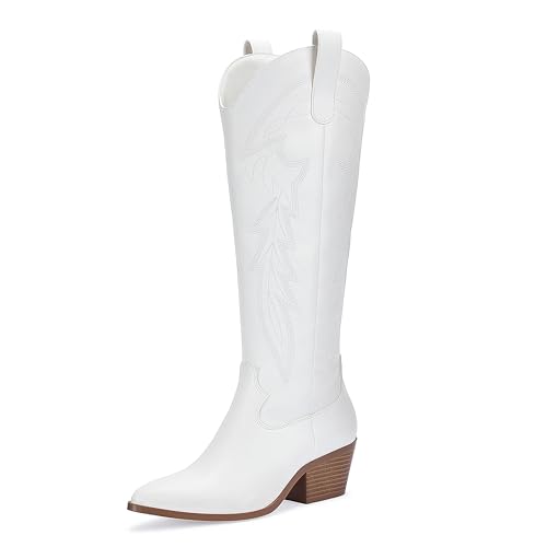 LISYIIZ Women's Cowboy Boots Wide Calf Knee High with Zip Classic Chunky heel for Girls Ladies Fall Winter