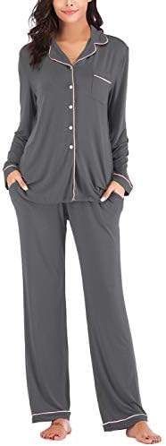 Cute Pajamas Set for Women Modal Cotton Long Sleeve Button Down Pajama Set Sleepwear Gray S