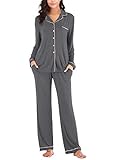 Cute Pajamas Set for Women Modal Cotton Long Sleeve Button Down Pajama Set Sleepwear Gray S