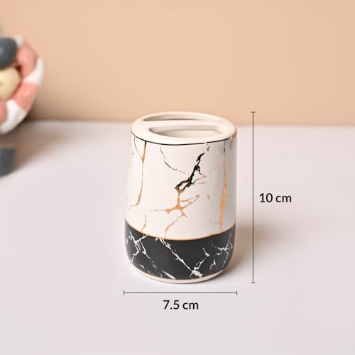 Image of Market99 Ceramic Bathroom Set Glossy White and Black with Sophisticated Marble Finish Design, Includes Soap Dispenser, Tumbler, Toothbrush Holder, and Soap Dish for Coordinated Bathroom Style, 300ML