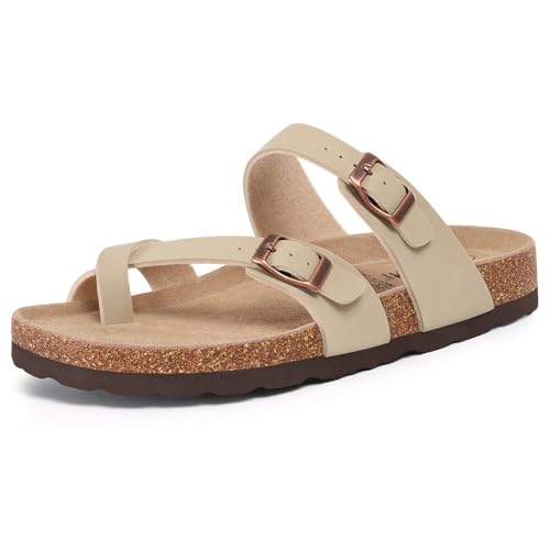 Image of KIDMI Women's Cork Footbed Sandals with Toe Loop, Comfortable Summer Slip-On Slides with Adjustable Buckle