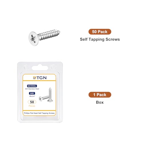 Image of DTGN 50Pcs #6x3 /4 inch Flat Head Wood Screws, 304 Stainless Steel Phillips Self Tapping Screws - Good for Woodworking, Furniture - Silver