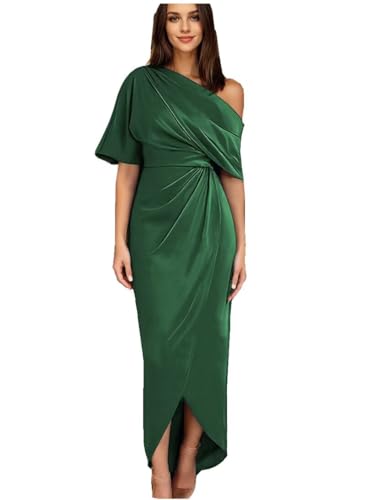 Raseal Women's One Shoulder Satin Mother of The Bride Dress with Sleeves Tea Length Fromal Evening Dress RS088