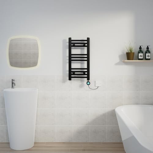 Warmehaus Black Electric Heated Towel Rail Straight Thermostatic Bathroom Towel Radiator with Timer - 600x300mm 200W