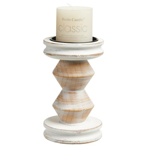 SOFE Rustic Wooden Pillar Candle Holder, Wash White and Brown Candle Holder Vintage Candle Stand for Living Room, Bedroom, 8 Inches Tall Farmhouse Boho Style Home Decor