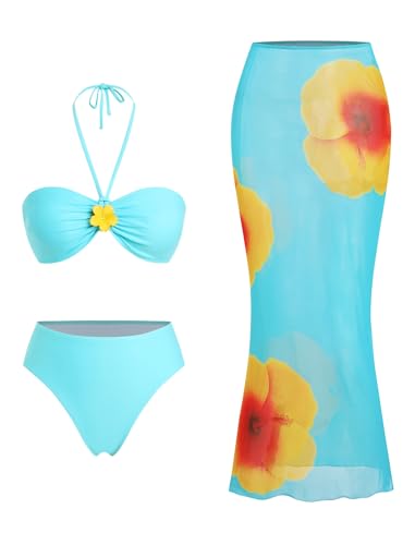 Image of ZAFUL Womens 3pcs Bikini Swimsuits Bandeau 3 Piece Swimwear High Cut Bikini Sets with Long Sheer Coverup Dress
