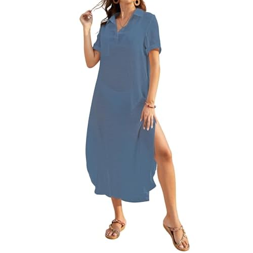 Bsubseach Womens Bathing Suit Cover Up V Neck Long Swimsuit Cover Up Beach Shirt Dress Swimwear with Pockets A-blue X-Large