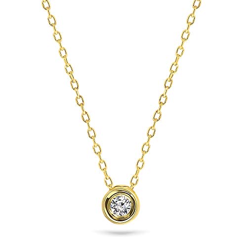 MIORE Collier Femme, Pendentif Or Jaune 9 Carats 375, Diamant 0,04 ct, Solitaire Rond, Chaîne Fine, 45 cm, Fermoir Anneau à Ressort, Bijoux Femme avec Boite...