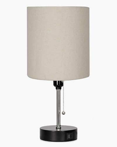 Image of Homesake Bedside Lamp for Bedroom Nightstand Table Light with USB A | C Charging Port, Desk Lamp, Pull Chain Light, Side Table Desk Reading Lamp, Living Room Gift, (Khadi Cylinder)