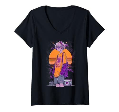 Womens Retro Anime Gamer Boy V-Neck T-Shirt