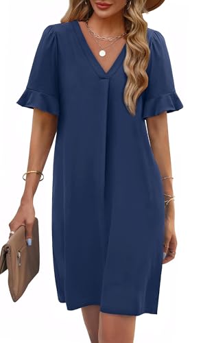 Image of OFEEFAN Summer Dresses for Women Ruffle Short Sleeve V Neck Casual Shift Dress with Pockets