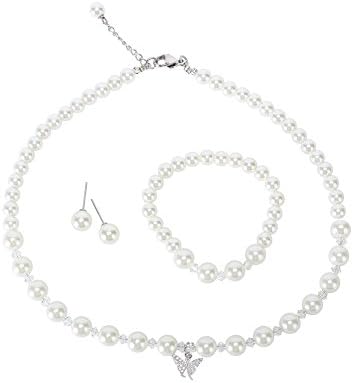 LEILE 6-8mm Faux Glass Imitation Crystal Glass Imitation Pearls Necklace Bracelet Earring Butterfly Pendant Jewelry 3 Set Gift for Little Girl Kids (White, 14.5 inch)