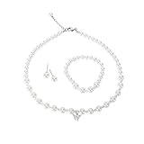LEILE 6-8mm Faux Glass Imitation Crystal Glass Imitation Pearls Necklace Bracelet Earring Butterfly Pendant Jewelry 3 set for Women (White, 14.5 inches)