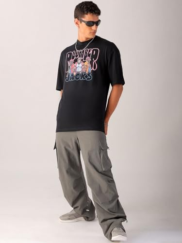 Image of The Indian Garage Co Men Cotton Oversized Graphic Back Printed Round Neck Tshirt
