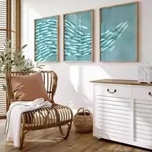 KEMEIQI Set di 3 poster con banco di pesci, tema marino blu, decorazione da parete, stile nautico da spiaggia, stile boho, dipinti su tela per la decorazione della stanza (70x110cmx3/senza cornice)