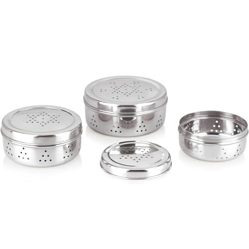 Image of Stainless Steel Green Coriander Storage Box Curry Leaves Box Set, Sprouts with air Ventilation Food containers Silver Dabba Flat Box Steel Dabba (Dhaniya 600 & 800 ML)